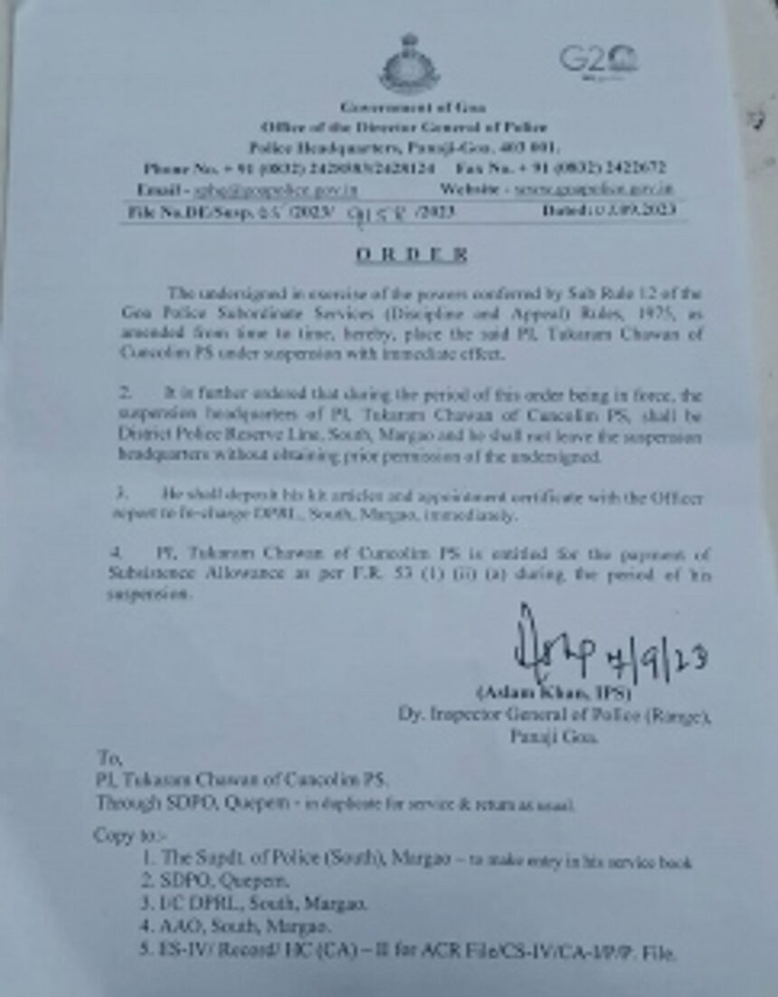 Cuncolim PI Tukaram Chavan suspended for graft