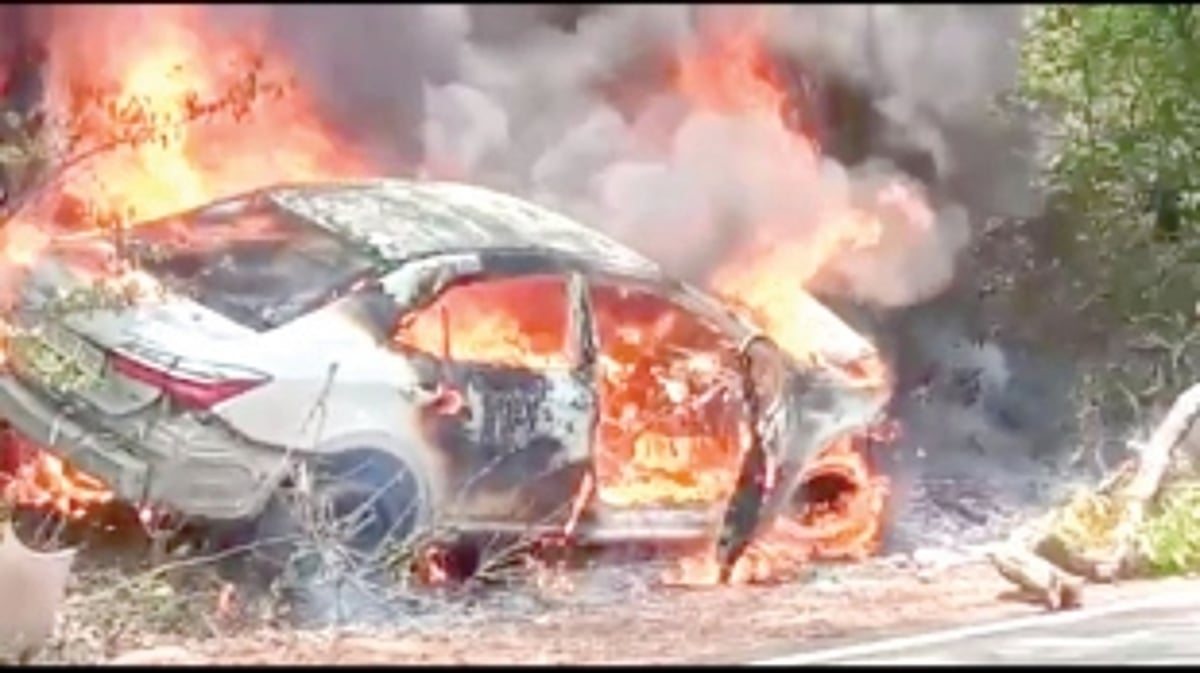 Delhi registered car hits another, injures police constable, ends in ashes