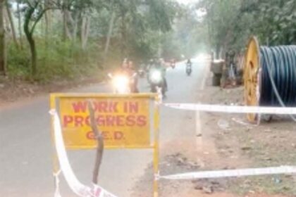 Electricity Dept contractor installs ‘work in progress’ sign near open pit
