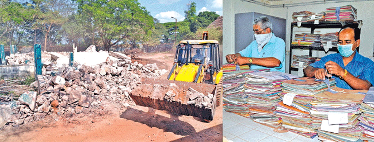 Employees of the Food and Drugs Department are at work wearing masks to protect themselves from dust created due to demolition of the old IPHB building at Altinho, Panjim on Saturday.