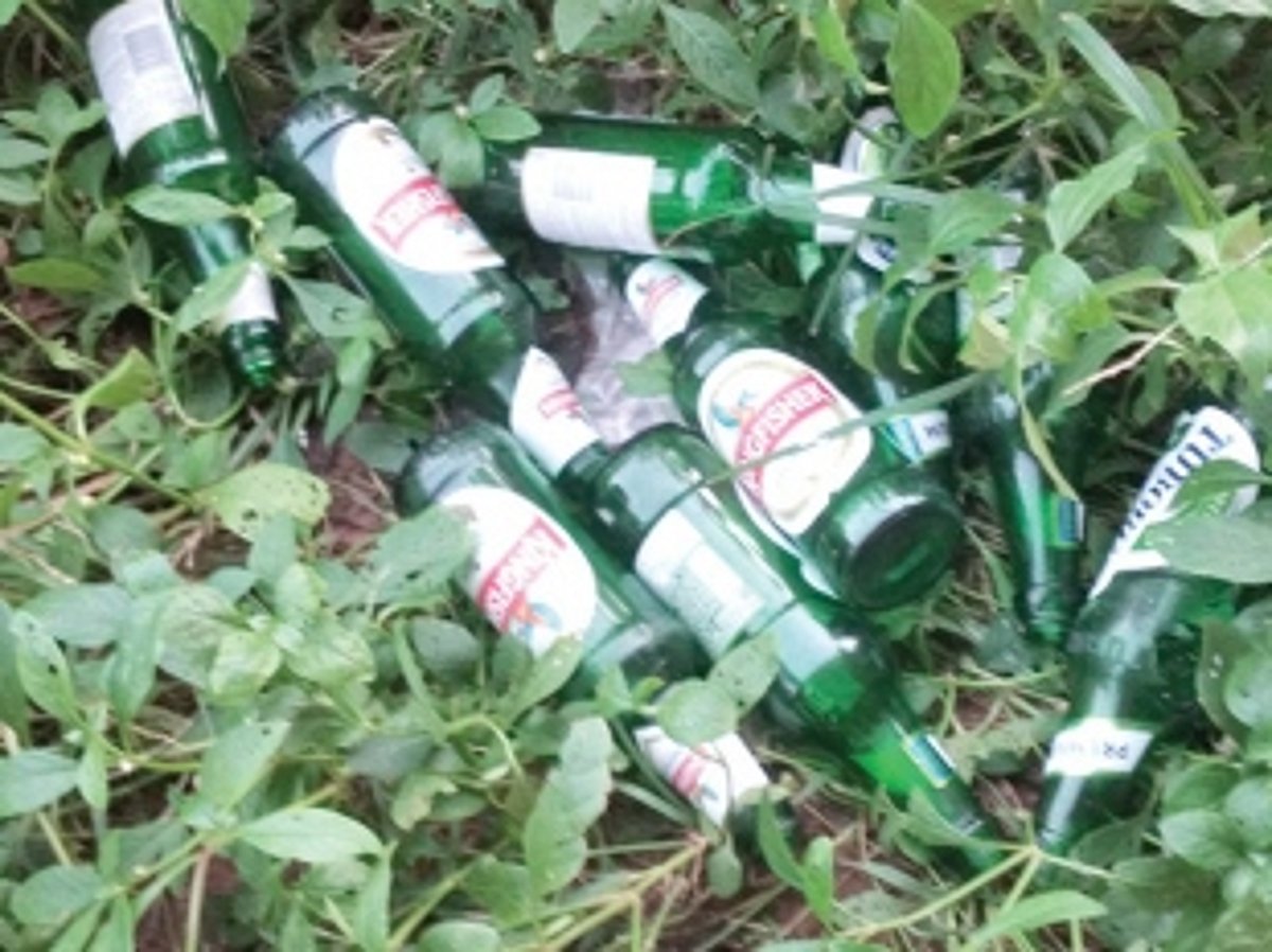 Empty bottles left by roadside at Baina Beach