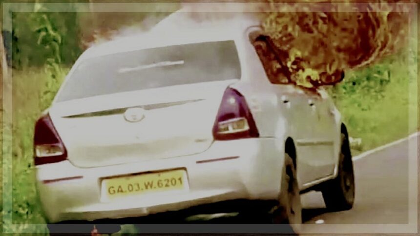 Fire Destroys Tourist Taxi on Candolim-Nerul Road; Firefighter's Phone Stolen