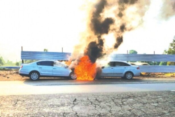 Fire breaks out after two cars colloid  head on at Guirim