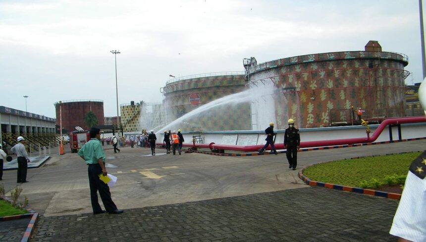 Fire tenders extinguishes the fire in Indian Oil tanks at Vasco during the mock drill on Friday.