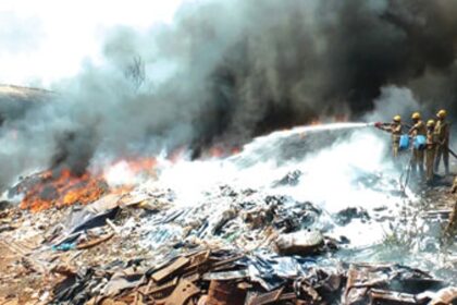 Firemen battling the fire at the Sao Jose de Areal scrapyard
