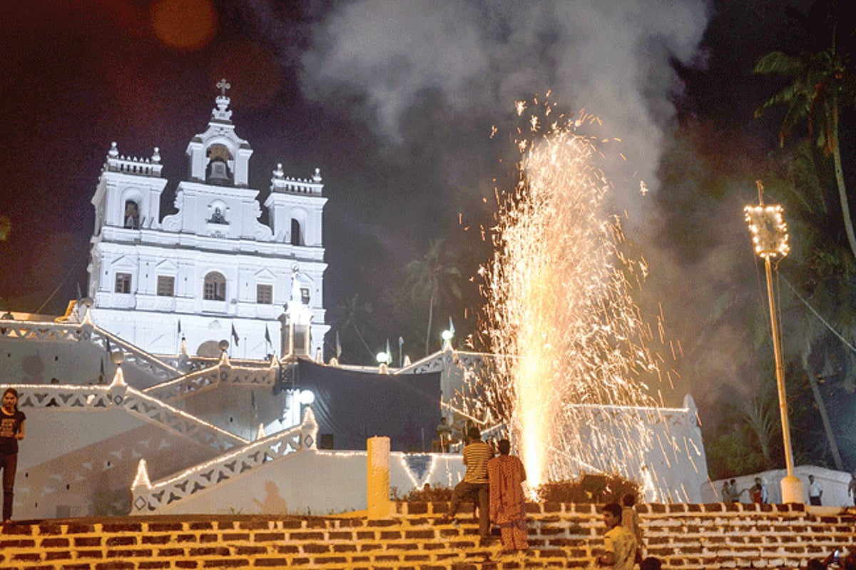 Fireworks illuminate the area around  the Mary Immaculate Conception Church in Panjim, on Sunday. The church feast will be celebrated on December 9