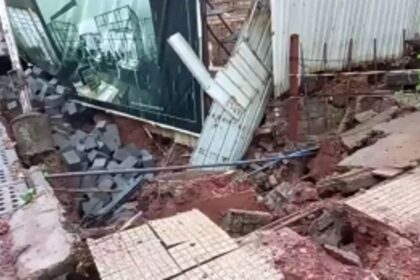 Footpath near BJP office caves in due to heavy unseasonal rains