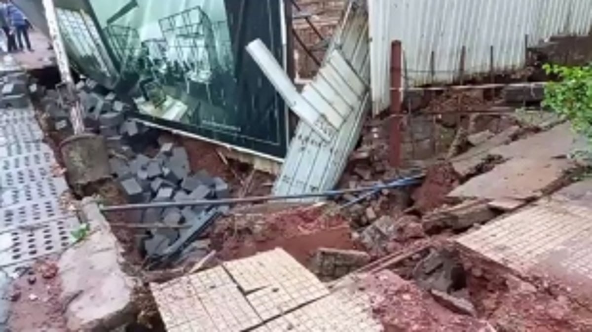 Footpath near BJP office caves in due to heavy unseasonal rains