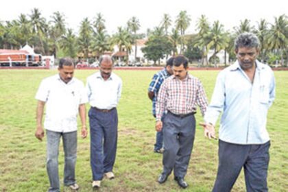 Former St Cruz MLA Victor Gonsalves inspects the Merces playground.