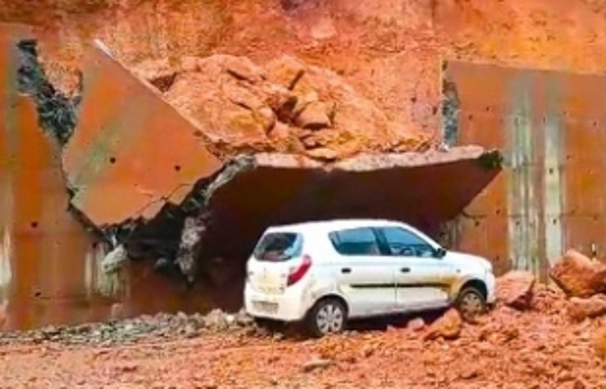 Four passengers have a miraculous escape as boulder bounces over a car due to landslide at Malpem; another landslide at Dhargal