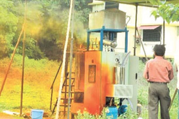 Fumes emanate from the waste digetser during the demo at Benaulim.