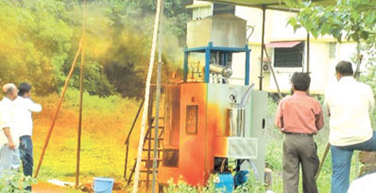 Fumes emanate from the waste digetser during the demo at Benaulim.