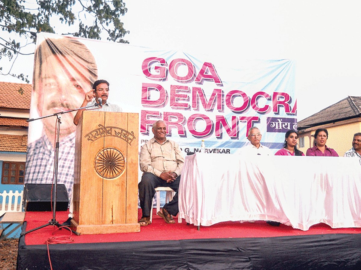 Goa Democratic Front President Dayanand Narvekar addresses a meeting at Aldona on Friday.