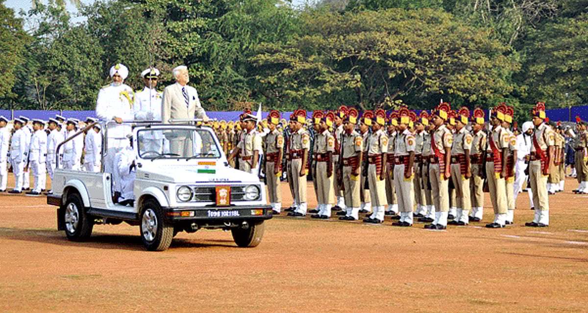 Goa Governor B V Wanchoo's inspecting a guard of honour at 65th Republic Day celebrations in Panjim.