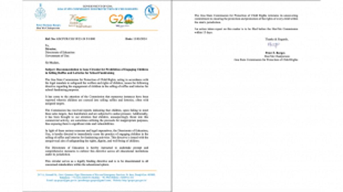 Goa SCPCR Urges Ban on Children Selling Raffles and Lotteries for School Fundraising