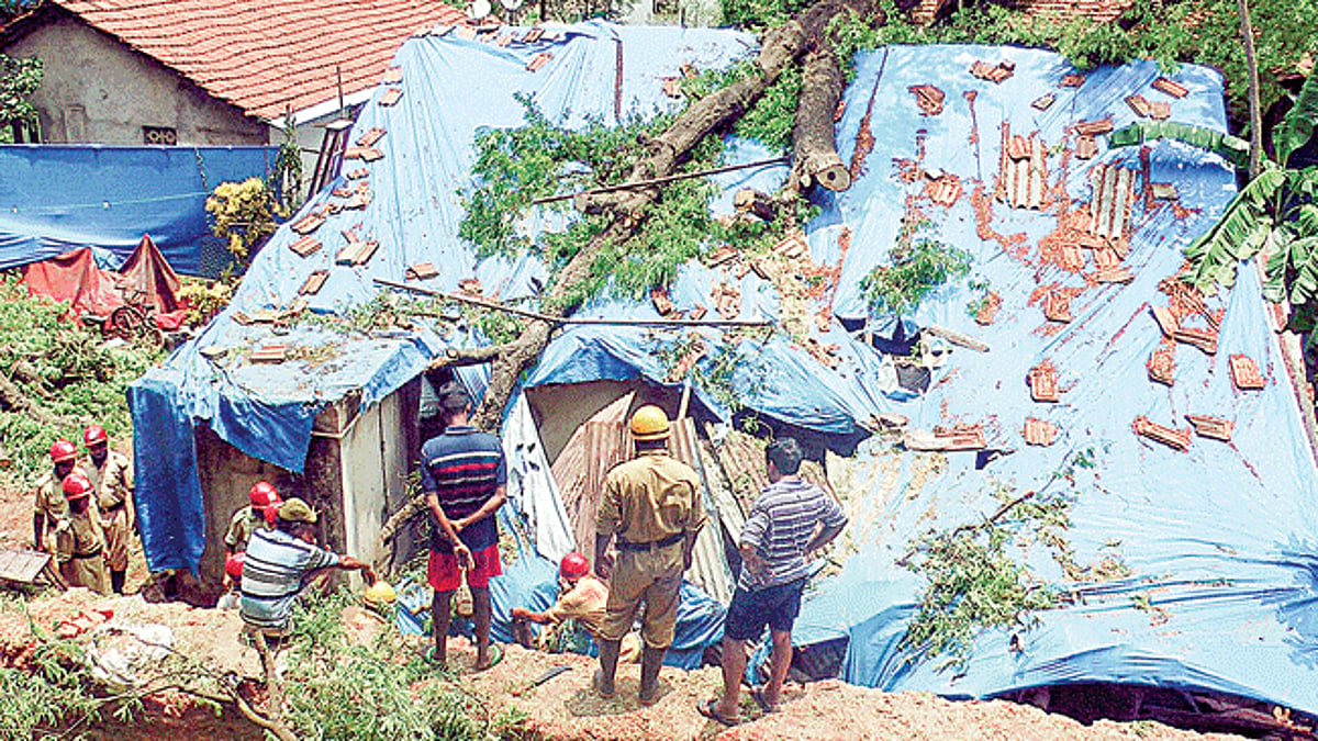 Goa State Fire Force personels clear a part of the tamarind tree which fell on a residence due to cyclonic winds and rains at Campal on Tuesday