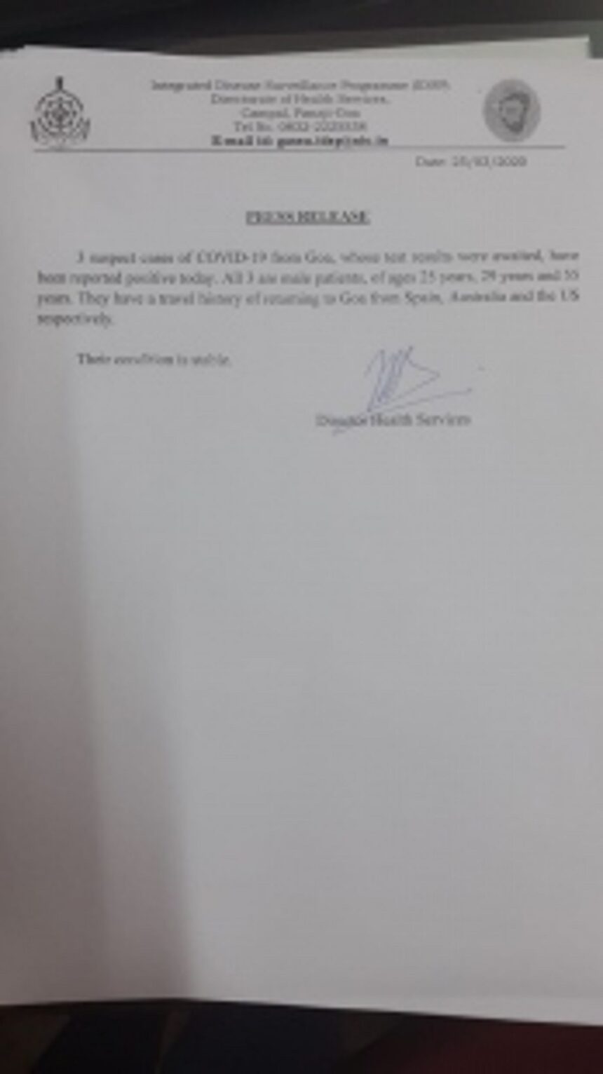 Goa wakes up to 03 Positive COVID-19 cases in the State