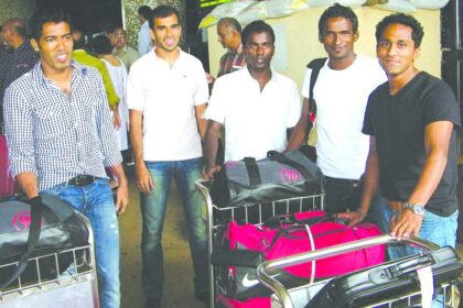 Goan ace footballers Mahesh Gawli, Sameer Naik, Anthony Pereira, Climax Lawrence and Clifford Miranda on their arrival at Dabolim airport on Tuesday.                                         Photo: M Prabhav