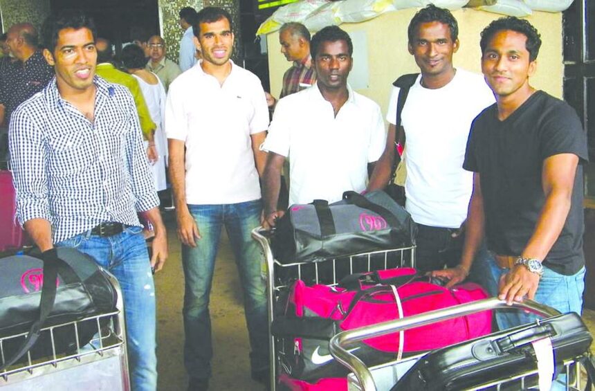 Goan ace footballers Mahesh Gawli, Sameer Naik, Anthony Pereira, Climax Lawrence and Clifford Miranda on their arrival at Dabolim airport on Tuesday. Photo: M Prabhav 1 Goan ace footballers Mahesh Gawli, Sameer Naik, Anthony Pereira, Climax Lawrence and Clifford Miranda on their arrival at Dabolim airport on Tuesday. Photo: M Prabhav