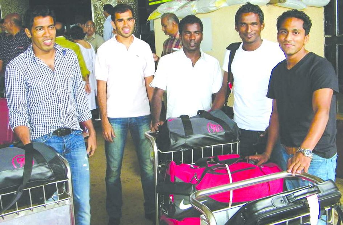 Goan ace footballers Mahesh Gawli, Sameer Naik, Anthony Pereira, Climax Lawrence and Clifford Miranda on their arrival at Dabolim airport on Tuesday.                                         Photo: M Prabhav