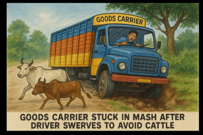 Goods Carrier Stuck at Mashem After Driver Swerves to Avoid Cattle