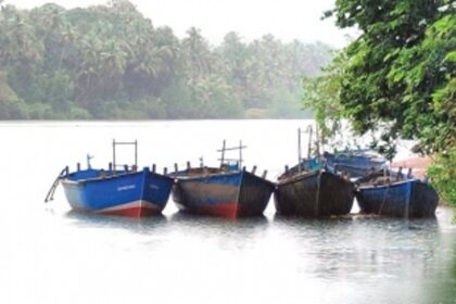 Hidden Illegal sand mining canoes dot the banks of Tiracol, Chapora rivers