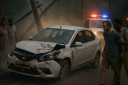High-Speed Rent-a-Cab Crash in Siolim-Marna Damages Poles; Tourist Driver Detained