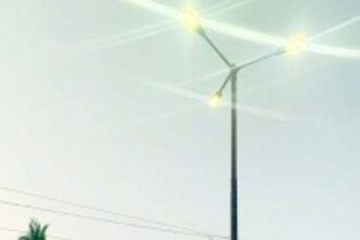 High mast pole on the  verge of collapse at Uguem