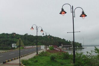 High watt sodium lamps shining along the newly constructed St Jacinto Island Bridge, Chicalim.