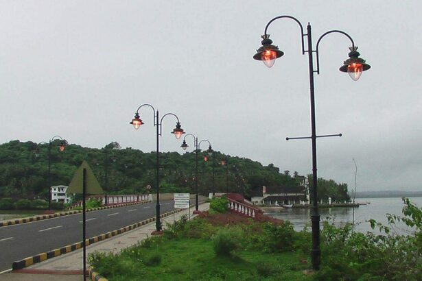 High watt sodium lamps shining along the newly constructed St Jacinto Island Bridge, Chicalim.