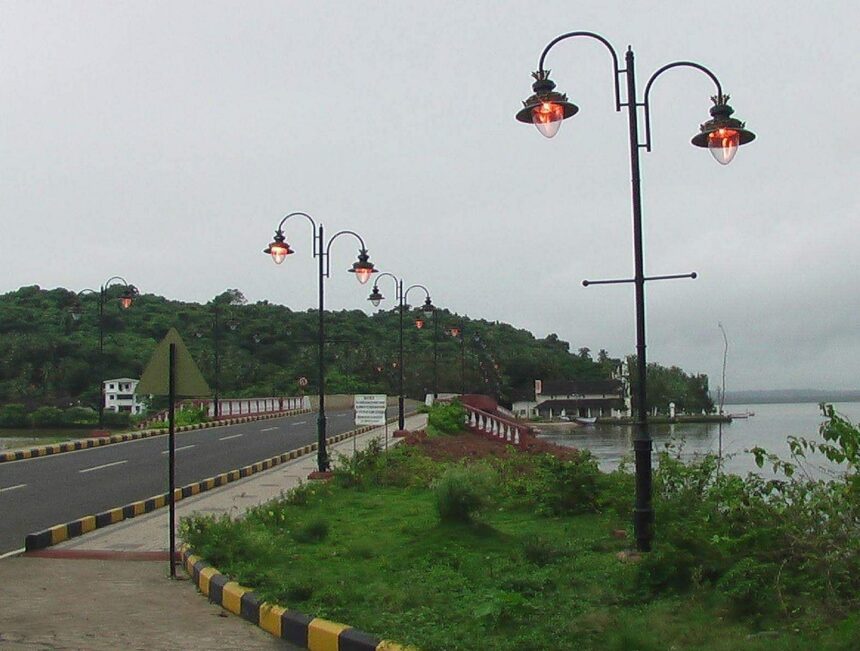 High watt sodium lamps shining along the newly constructed St Jacinto Island Bridge, Chicalim.