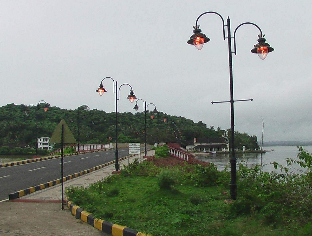 High watt sodium lamps shining along the newly constructed St Jacinto Island Bridge, Chicalim.