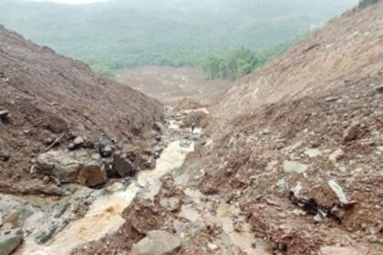 Hill collapses at Satrem village, damages trees, debris blocks water source