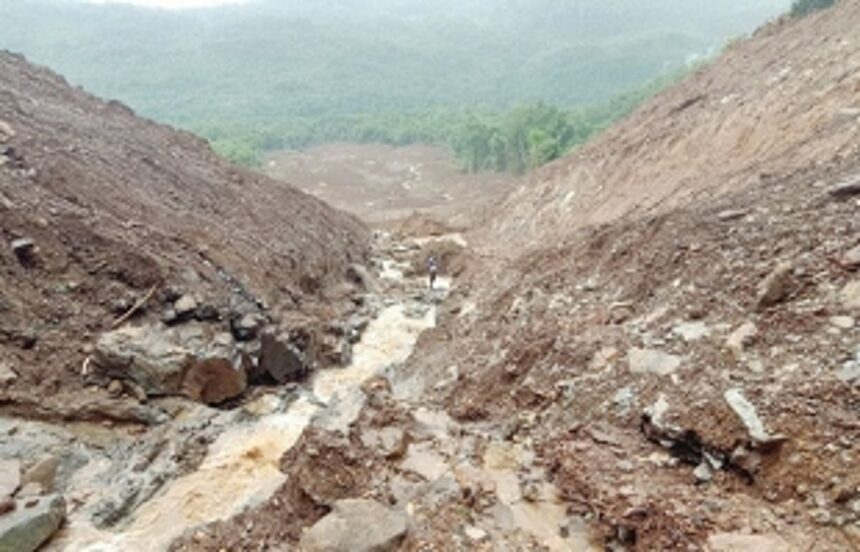 Hill collapses at Satrem village, damages trees, debris blocks water source