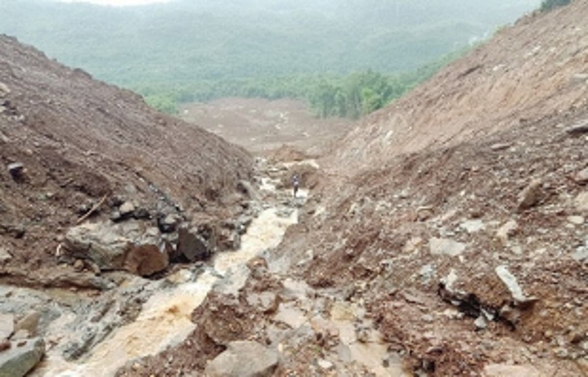 Hill collapses at Satrem village, damages trees, debris blocks water source