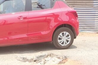 Huge pothole at Bhom junction in  Paliem poses danger to motorists