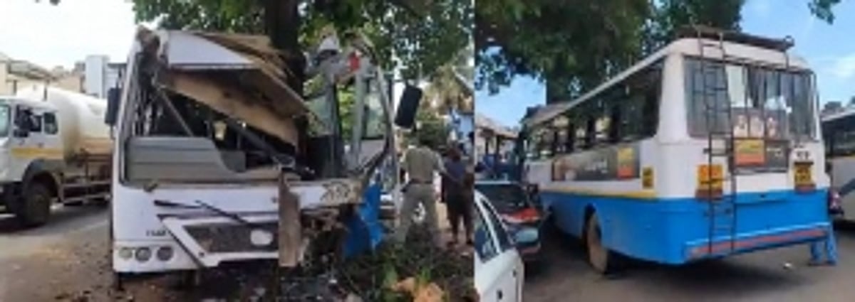 Kadamba Transport Corp. bus rams into a tree at Porvorim; driver, conductor injured