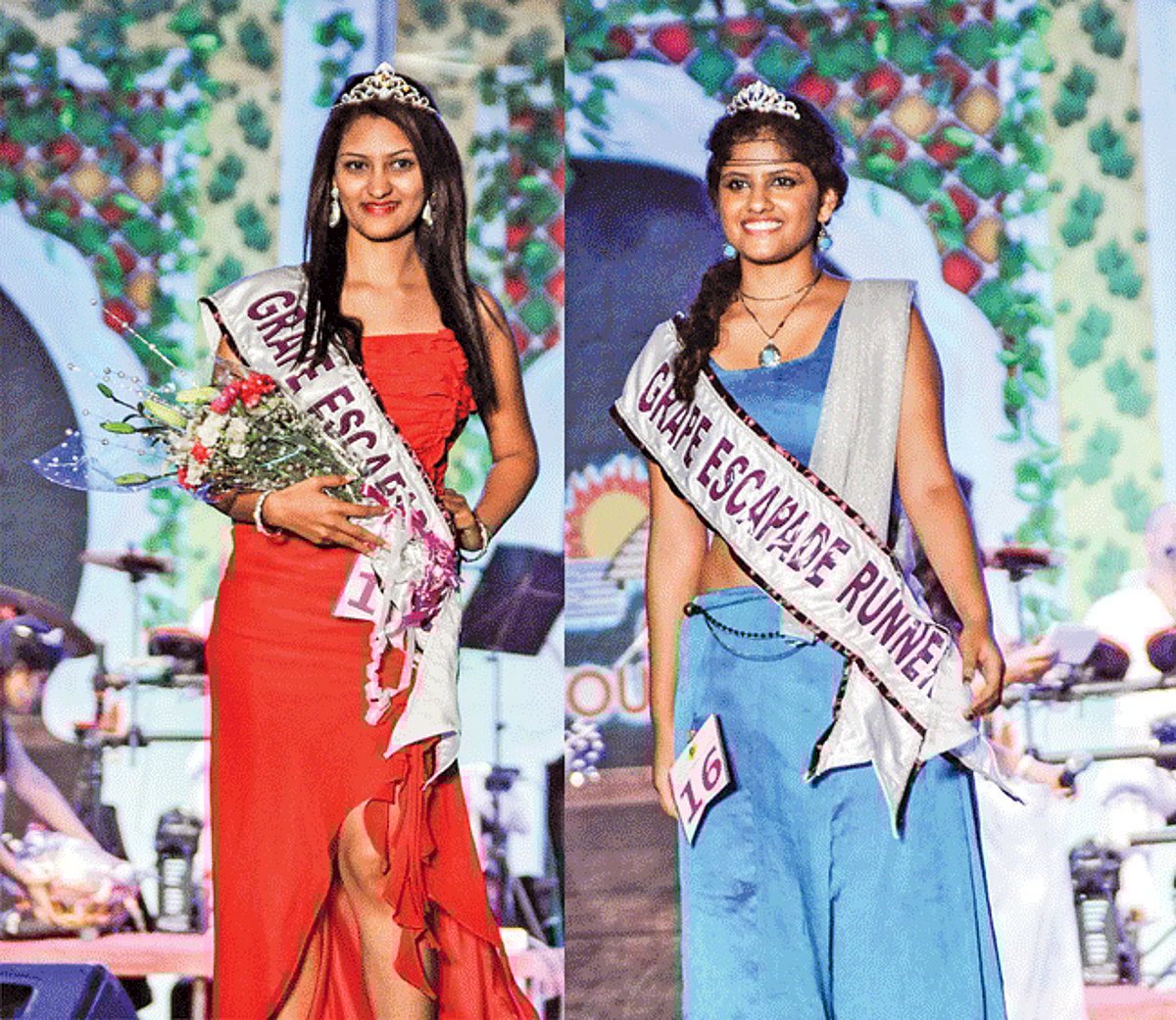 Kezaia Caldeira and Elwynne Dancho walk the ramp after being crowned the winner and runner up of Grape Escapade Queen Contest 2014 at Bandodkar grounds, Campal, Panjim on Sunday.