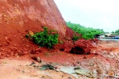 Landslide at Curti; locals fear entire  vertically cut hill could collapse