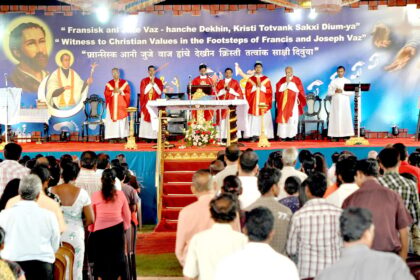 Large number of devotees attending the first of the nine-day novena mass at a specially erected stage, at Old Goa, on Wednesday.