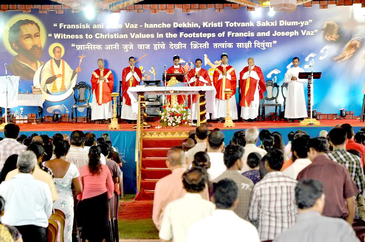 Large number of devotees attending the first of the nine-day novena mass at a specially erected stage, at Old Goa, on Wednesday.