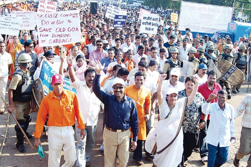 MIGHT IS RIGHT? St Cruz MLA Victoria Fernandes and Cumbharjua MLA Pandurang Madkaikar lead a massive crowd outside the city in their protest against the setting up of the garbage treatment plant at Bainguinim on Wednesday. 1 MIGHT IS RIGHT? St Cruz MLA Victoria Fernandes and Cumbharjua MLA Pandurang Madkaikar lead a massive crowd outside the city in their protest against the setting up of the garbage treatment plant at Bainguinim on Wednesday.