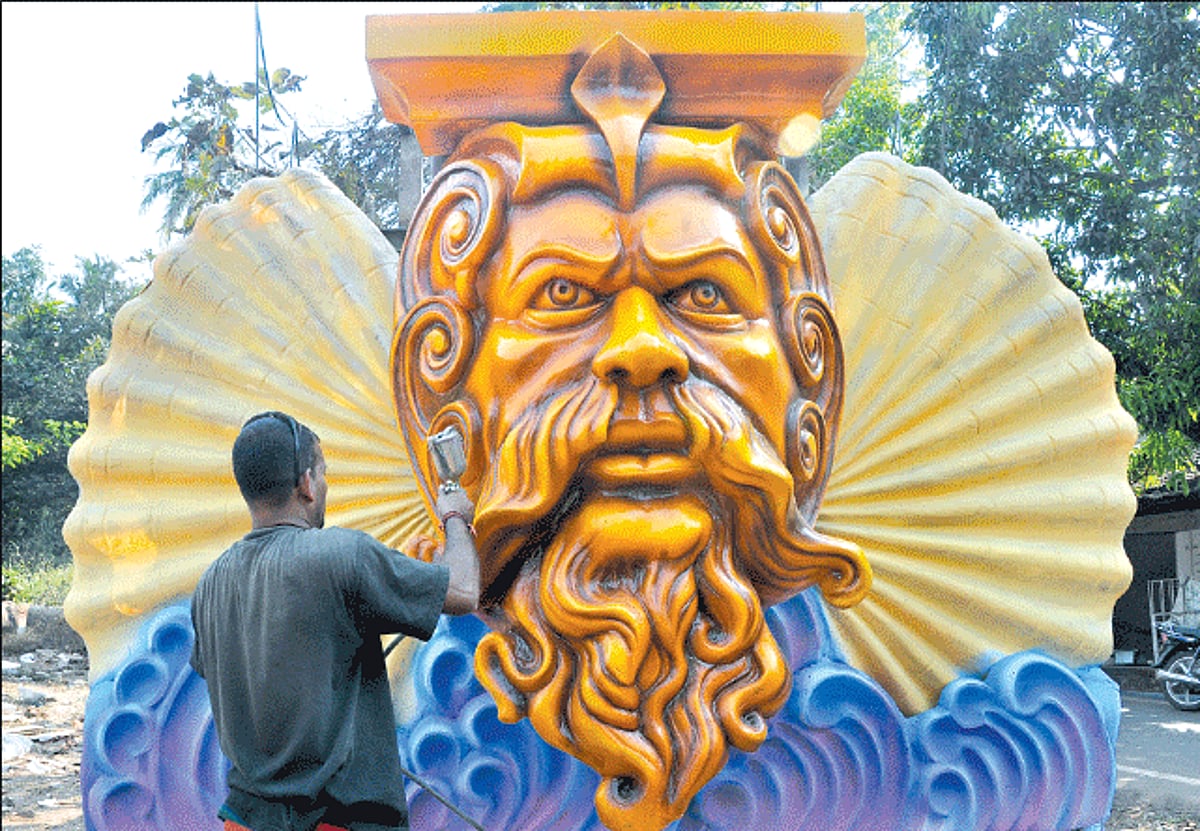 MOMO MIA: A worker gives finishing touches to the King Momo float on the eve of the 4-day Carnival revellery that kicks off on Saturday in Panjim.