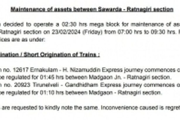 Maintenance of assets between Sawarda - Ratnagiri section