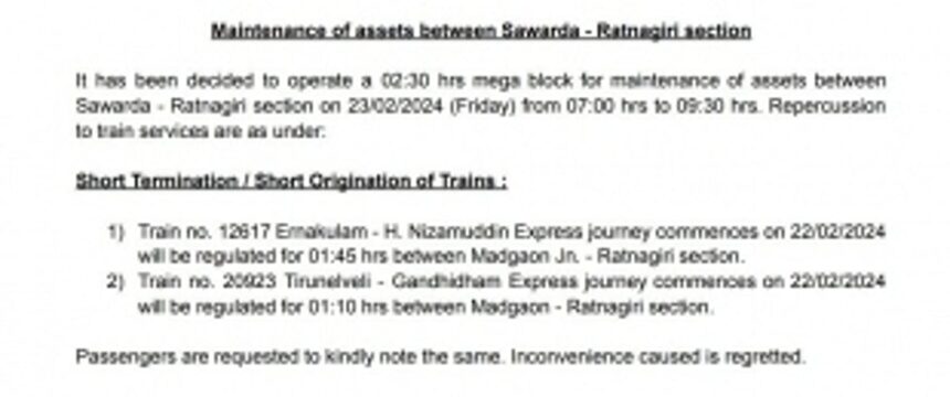 Maintenance of assets between Sawarda - Ratnagiri section
