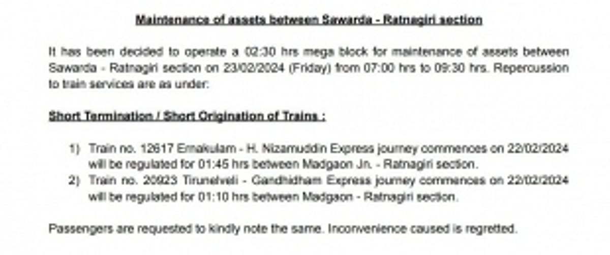 Maintenance of assets between Sawarda - Ratnagiri section