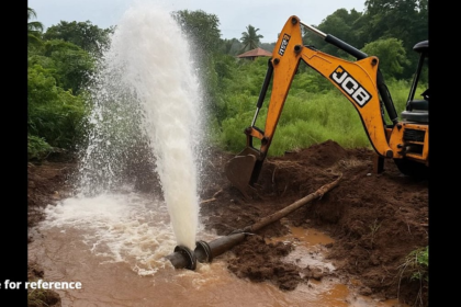 Major Water Pipeline Burst at Guirim Wastes Thousands of Litres; Locals Blame JCB Damage