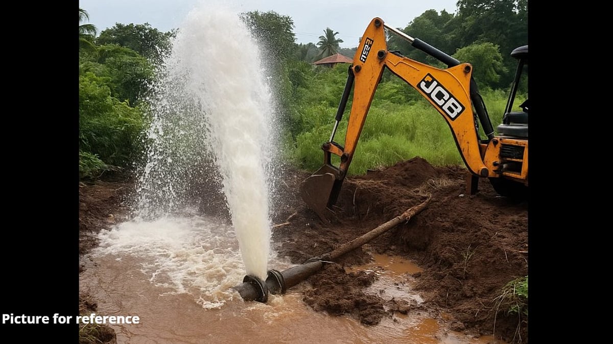 Major Water Pipeline Burst at Guirim Wastes Thousands of Litres; Locals Blame JCB Damage