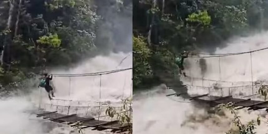 Man Risks Life Crossing Broken Bridge in Flood-Hit Arunachal; Kiren Rijiju Responds 1 Man Risks Life Crossing Broken Bridge in Flood-Hit Arunachal; Kiren Rijiju Responds