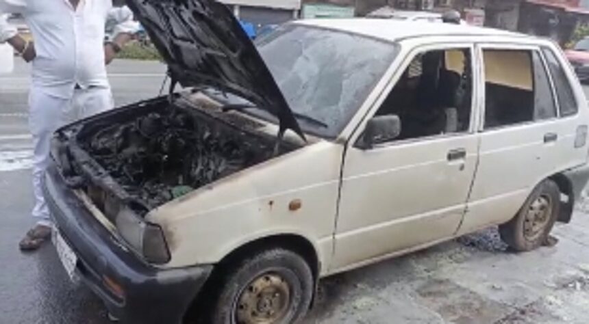 Maruti 800 Catches Fire on Vasco Road; Driver and Locals Avert Disaster